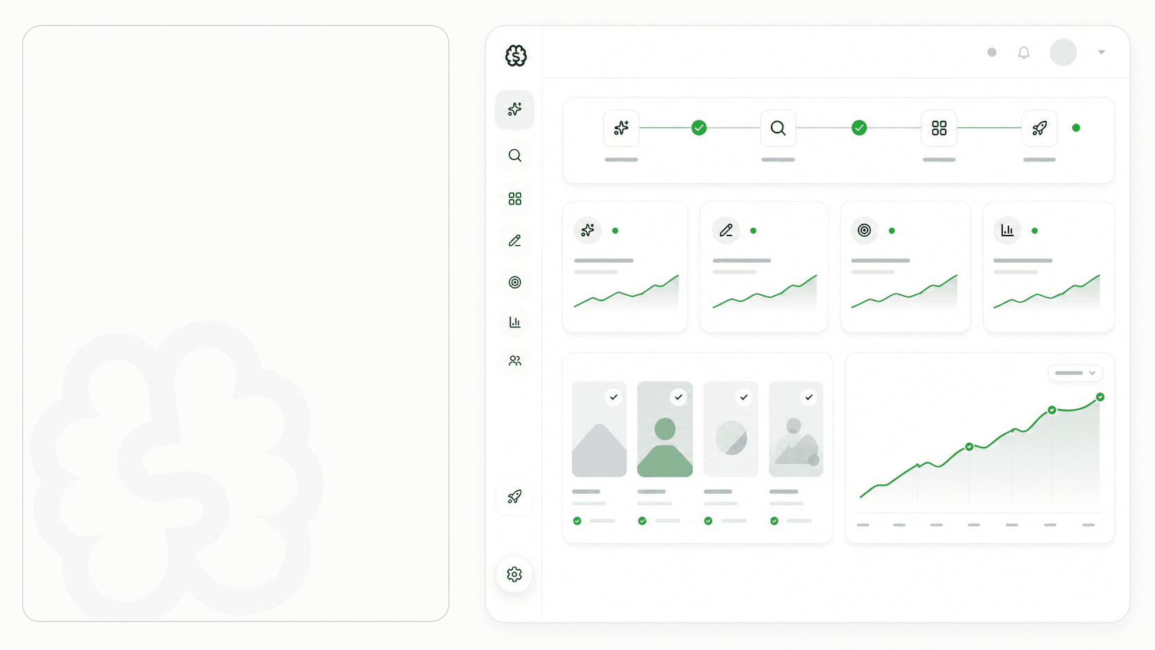 StefanBrain dashboard illustration for James Klein's case study: campaign workflow cards and an upward performance chart from his StefanBrain-led launches.
