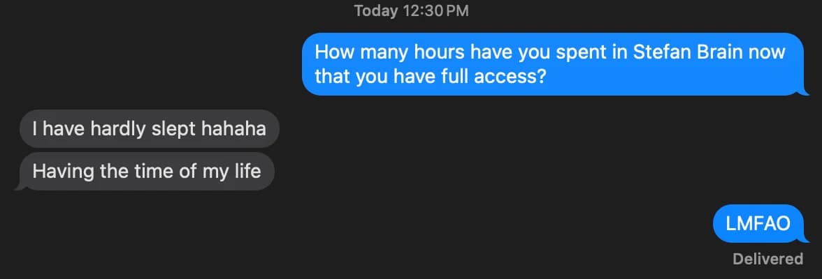 Amanda Dobson (iMessage): I have hardly slept hahaha. Having the time of my life