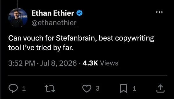 Ethan Ethier (X): Can vouch for Stefanbrain, best copywriting tool I've tried by far.